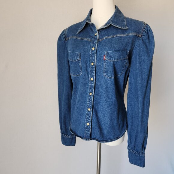 Vintage Y2K Levi's Denim Western Shirt Pearl Snap Long Sleeve Stretch Cotton - Picture 2 of 12